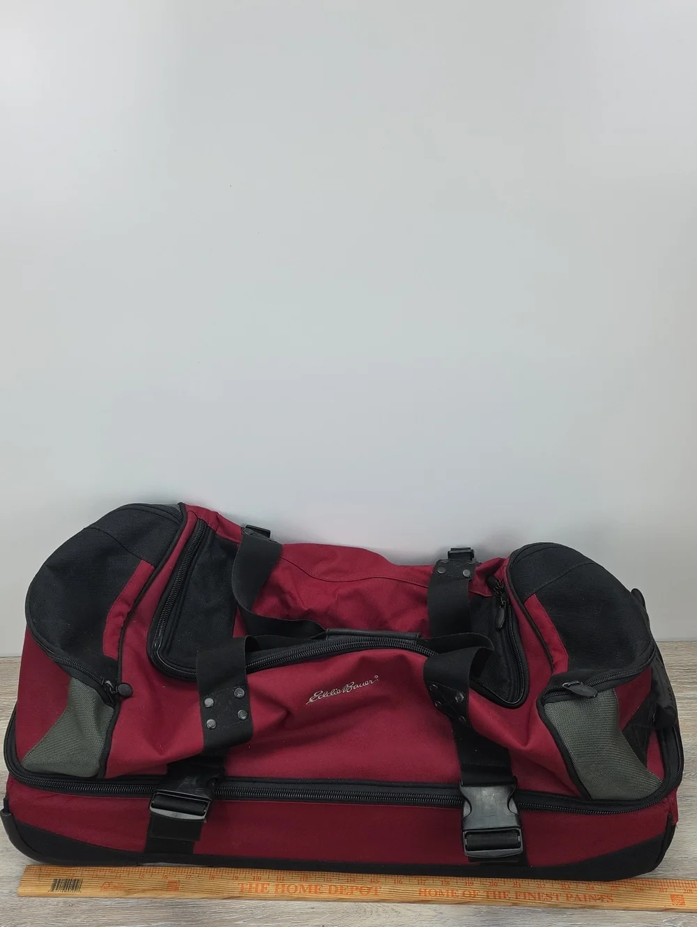 ​Eddie Bauer Burgundy Red Drop-Bottom Rolling Duffel Bag Suitcase Travel Luggage
